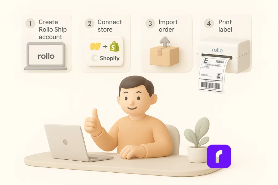 A minimalist 3D illustration showing a cheerful small business owner at a desk giving a thumbs up while setting up Rollo Ship in four easy steps. The steps are visually represented above: 1) Create Rollo Ship account on a laptop, 2) Connect store via Whatnot or Shopify, 3) Import order with a package icon, and 4) Print label using a stylized Rollo wireless printer. The design features soft pastel colors, smooth rounded shapes, and a clean, modern workspace.